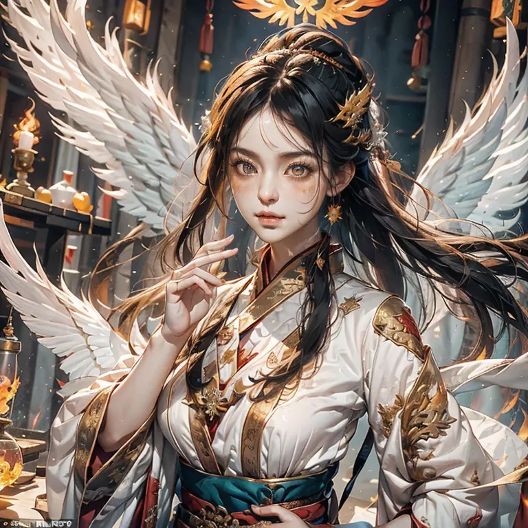 1girll，ice mage dressed in ice white chinese hanfu），the robe was embroidered with intricate runes and ornamentudes a burning bre...