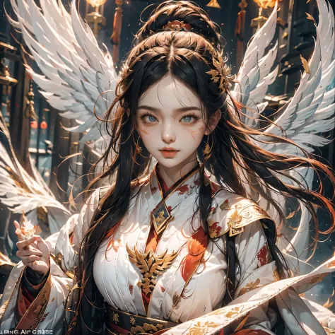 1girll，ice mage dressed in ice white Chinese Hanfu），The robe was embroidered with intricate runes and ornamentudes a burning bre...