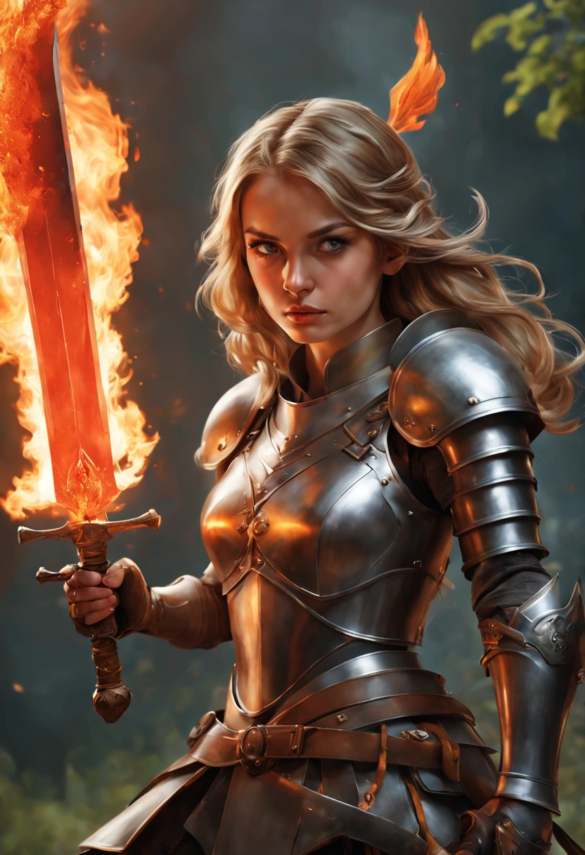 handsome girl, dark blonde hair, knight, hairlong, fire, Rage, two-handed sword, round face, natural beauty, Physical density, wearing her helmet, Burns, Photorealistic picture, bright colours, winner of the shutterstock competition, Fantasy art, a  photo of a, movie style, Intricate and subtle details, hiquality