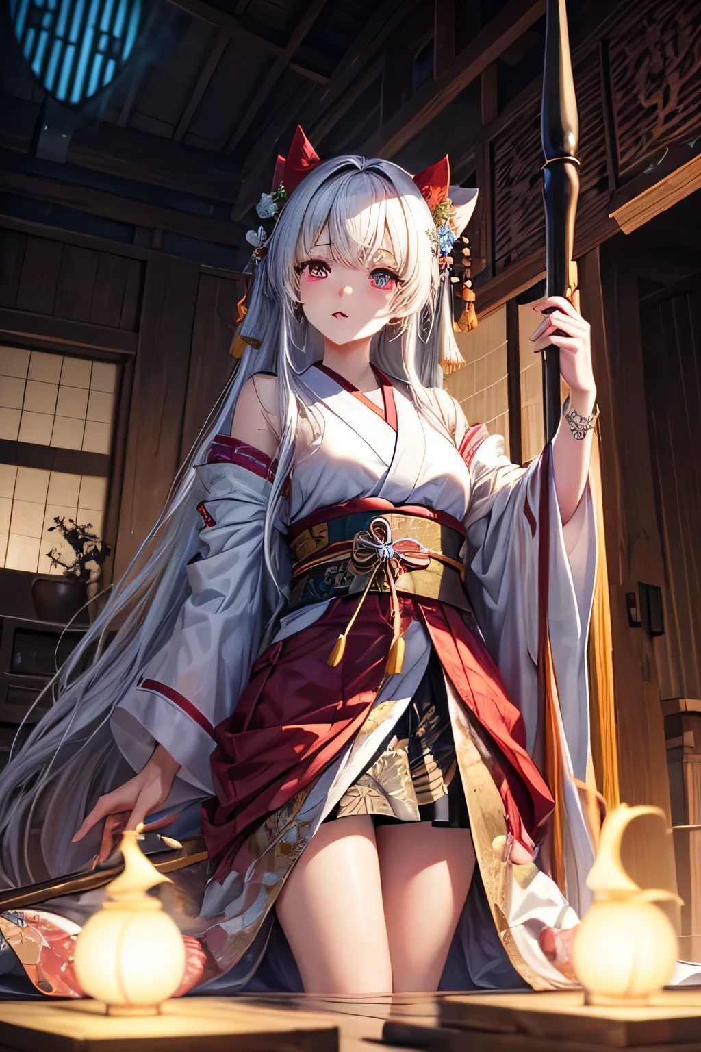 Ancient japanese shrine priestess, Cute Girl, Kimono, Long White Hair, Ruby Red Eyes, Princess, Kaguya, Full Moon, Haori, loli, wielding a priestess staff, summoning spirits, highly detailed, vibrant appearance, creative behavior, extremly detailed, imaginative, , spontaneous, highest quality, skin texture, intricate details, (cinematic lighting), RAW photo, 8k, masterpiece,best quality,ultra-detailed,very detailed illustrations,extremely detailed,intricate details,highres,super complex details,extremely detailed 8k cg wallpaper,