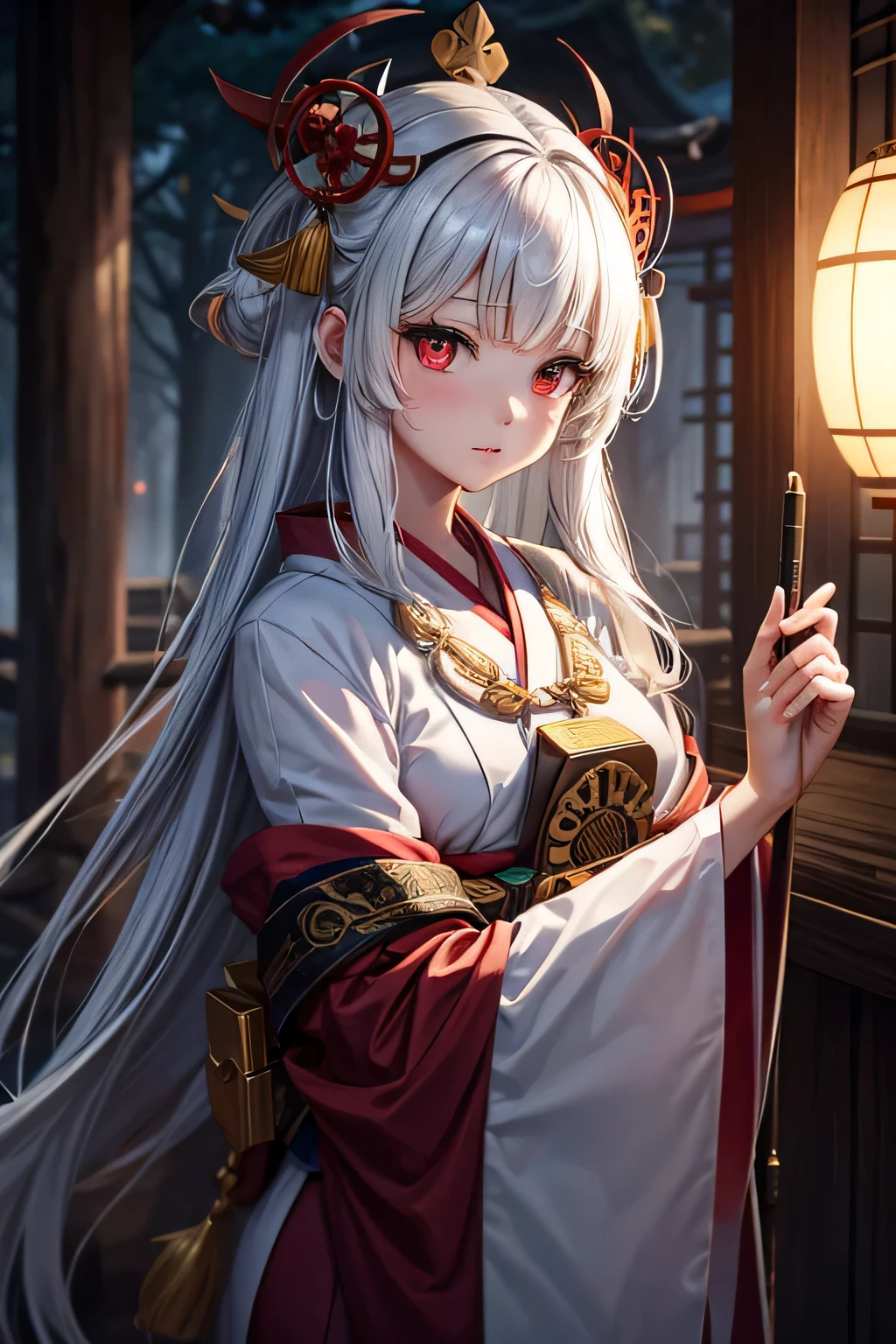 Ancient japanese shrine priestess, Cute Girl, Kimono, Long White Hair, Ruby Red Eyes, Princess, Kaguya, Full Moon, Haori, , wielding a priestess staff, summoning spirits, nighttime, highly detailed, vibrant appearance, creative behavior, extremly detailed, imaginative, , spontaneous, highest quality, skin texture, intricate details, (cinematic lighting), RAW photo, 8k, masterpiece,best quality,ultra-detailed,very detailed illustrations,extremely detailed,intricate details,highres,super complex details,extremely detailed 8k cg wallpaper,