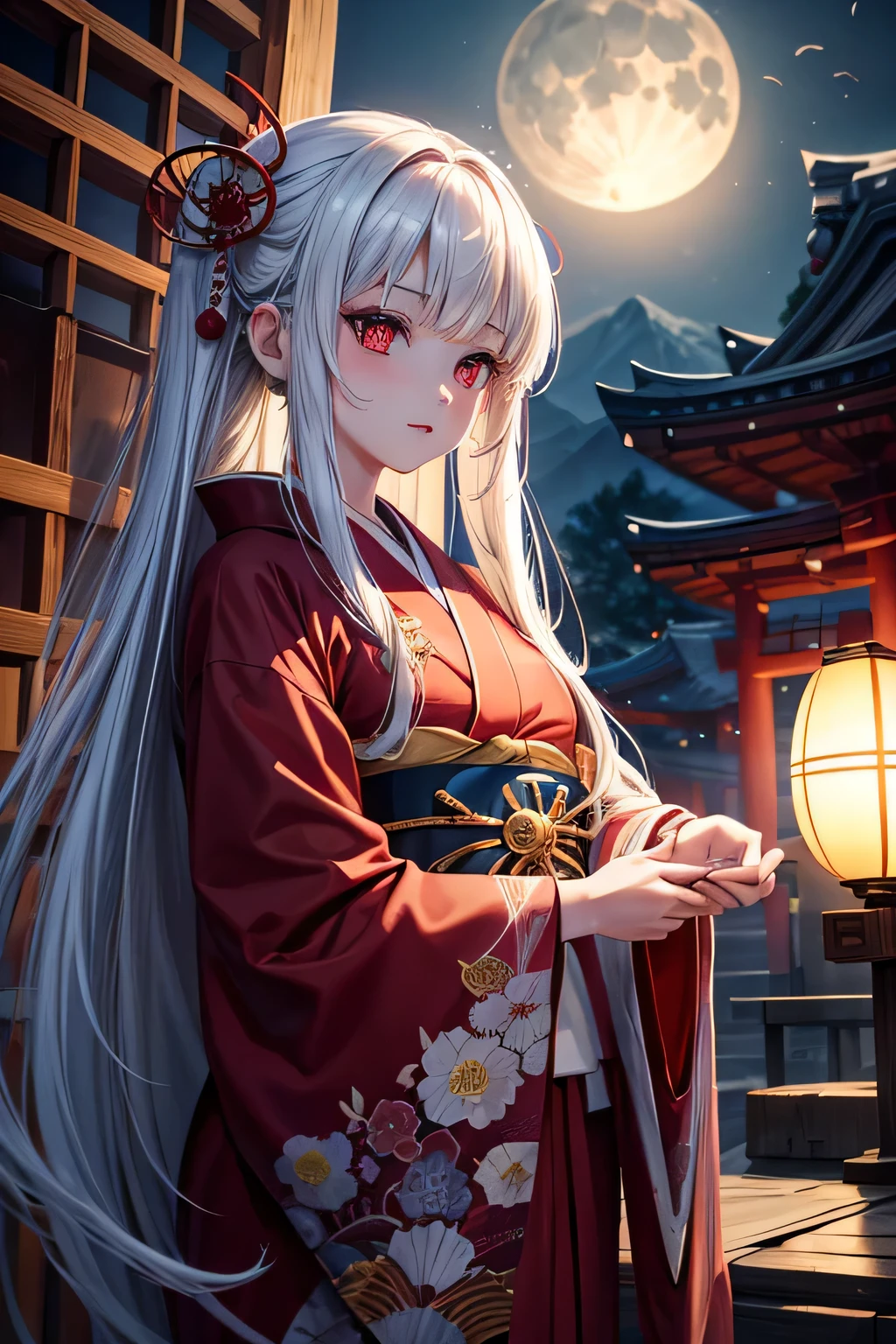 Ancient japanese shrine priestess, Cute Girl, Kimono, Long White Hair, Ruby Red Eyes, Princess, Kaguya, Full Moon, Haori, , wielding a priestess staff, summoning spirits, nighttime, highly detailed, vibrant appearance, creative behavior, extremly detailed, imaginative, , spontaneous, highest quality, skin texture, intricate details, (cinematic lighting), RAW photo, 8k, masterpiece,best quality,ultra-detailed,very detailed illustrations,extremely detailed,intricate details,highres,super complex details,extremely detailed 8k cg wallpaper,