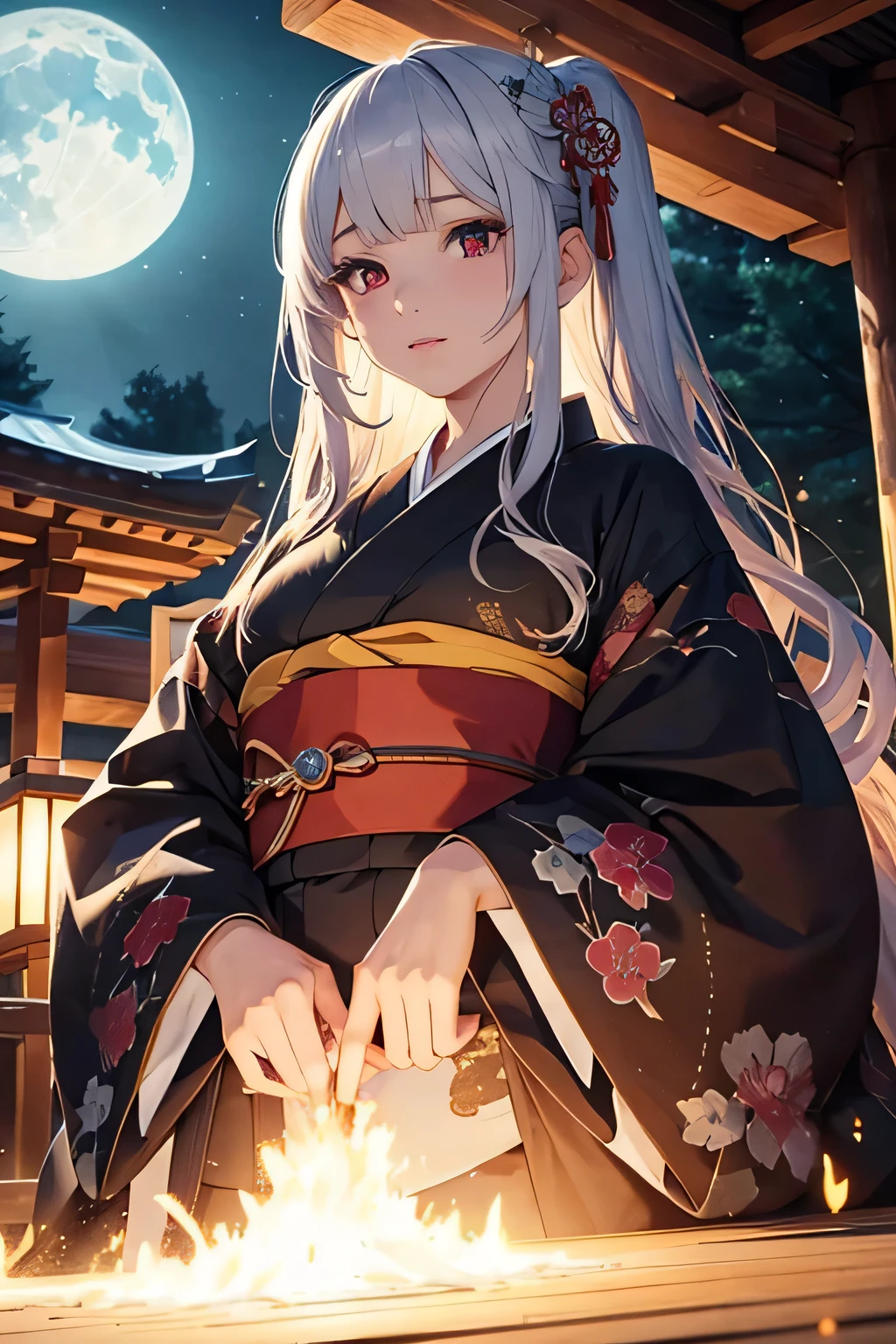 Ancient japanese shrine priestess, Cute Girl, Kimono, Long White Hair, Ruby Red Eyes, Princess, Kaguya, Full Moon, Haori, , wielding a priestess staff, summoning spirits and ghosts around her, nighttime, highly detailed, vibrant appearance, creative behavior, extremly detailed, imaginative, , spontaneous, highest quality, skin texture, intricate details, (cinematic lighting), RAW photo, 8k, masterpiece,best quality,ultra-detailed,very detailed illustrations,extremely detailed,intricate details,highres,super complex details,extremely detailed 8k cg wallpaper,