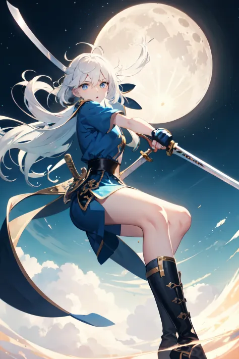 combatoy teenager，White hair，Hold the long sword，attacking，irate，blue color eyes，moon behind sky、Wang Du