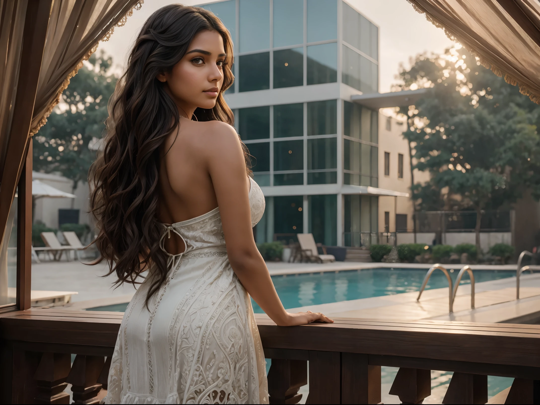 Young Indian woman, western styled dress, at poolside  detailed body, detailed face, ultra realistic, charming, cute, big hazel eyes with long wavy hair, medium breast, perfect fingers, ambient lighting, winter, detailed background, 8k,The bokeh is perfectly framed, Hyperrealistic, Super detailed, 8K, High quality, trending art, trending on artstationh, Sharp focus, photographed, Intricate details, Highly detailed, art of greg rutkowski,from behind,from below