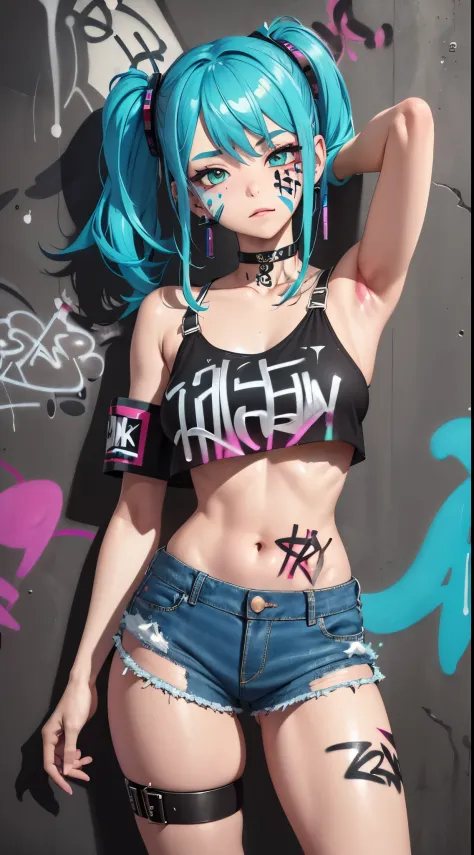 masterpiece, best quality, 1girl, solo, crop top, denim shorts, choker, (graffiti:1.5), paint splatter, arms behind back, against wall, looking at viewer, armband, thigh strap, paint on body, head tilt, bored, multicolored hair, aqua eyes, headset, tight c...
