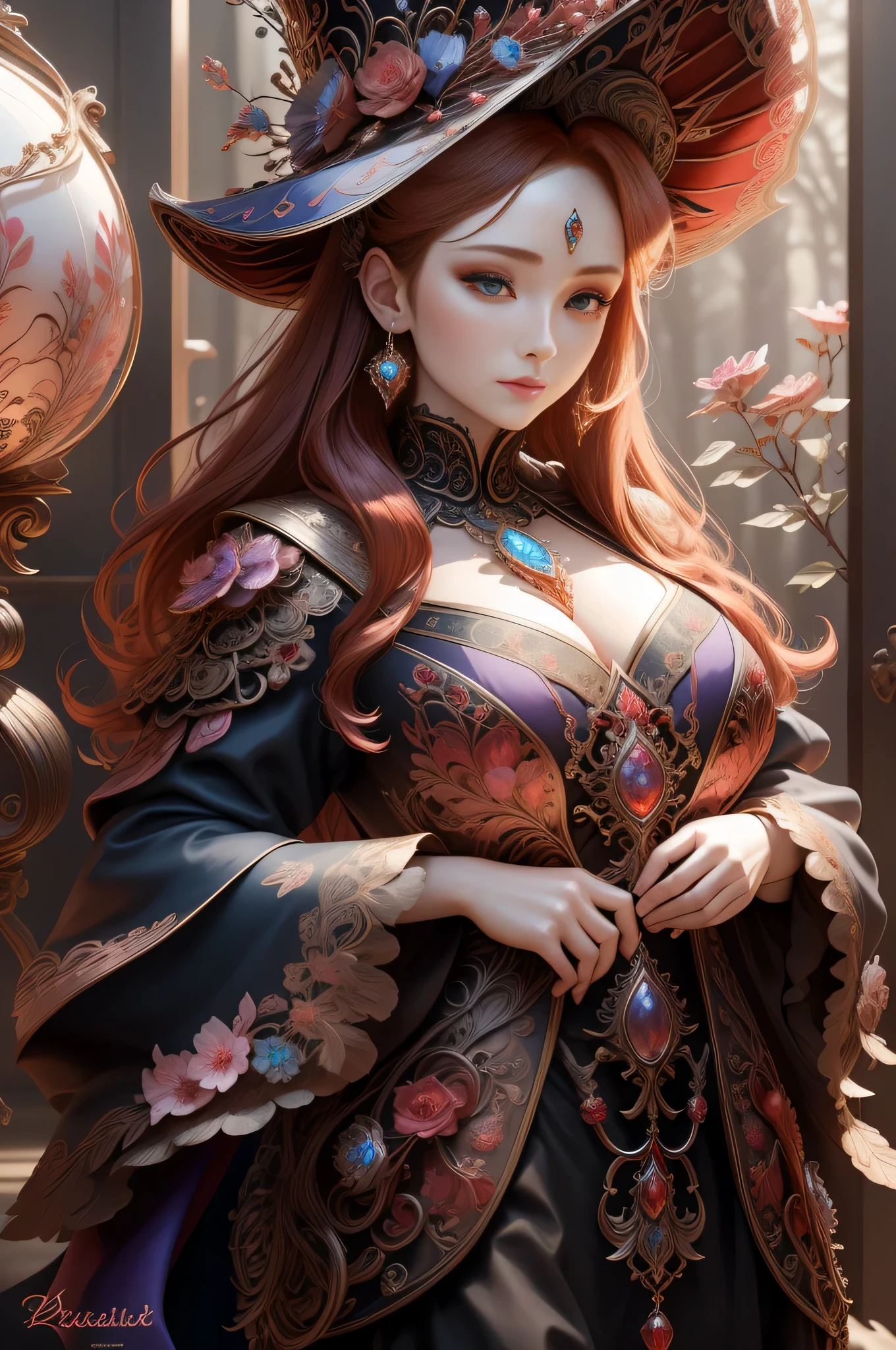 Bust of a beautiful noble maiden，Red chestnut hair is elegantly coiled，（(Wearing a huge blue hat))，Purple clear eyes，The hair is covered with beautiful and delicate floral craftsmanship, Crystal jewelry filigree，Huge crystal globe on the chest，Ultra-detailed details