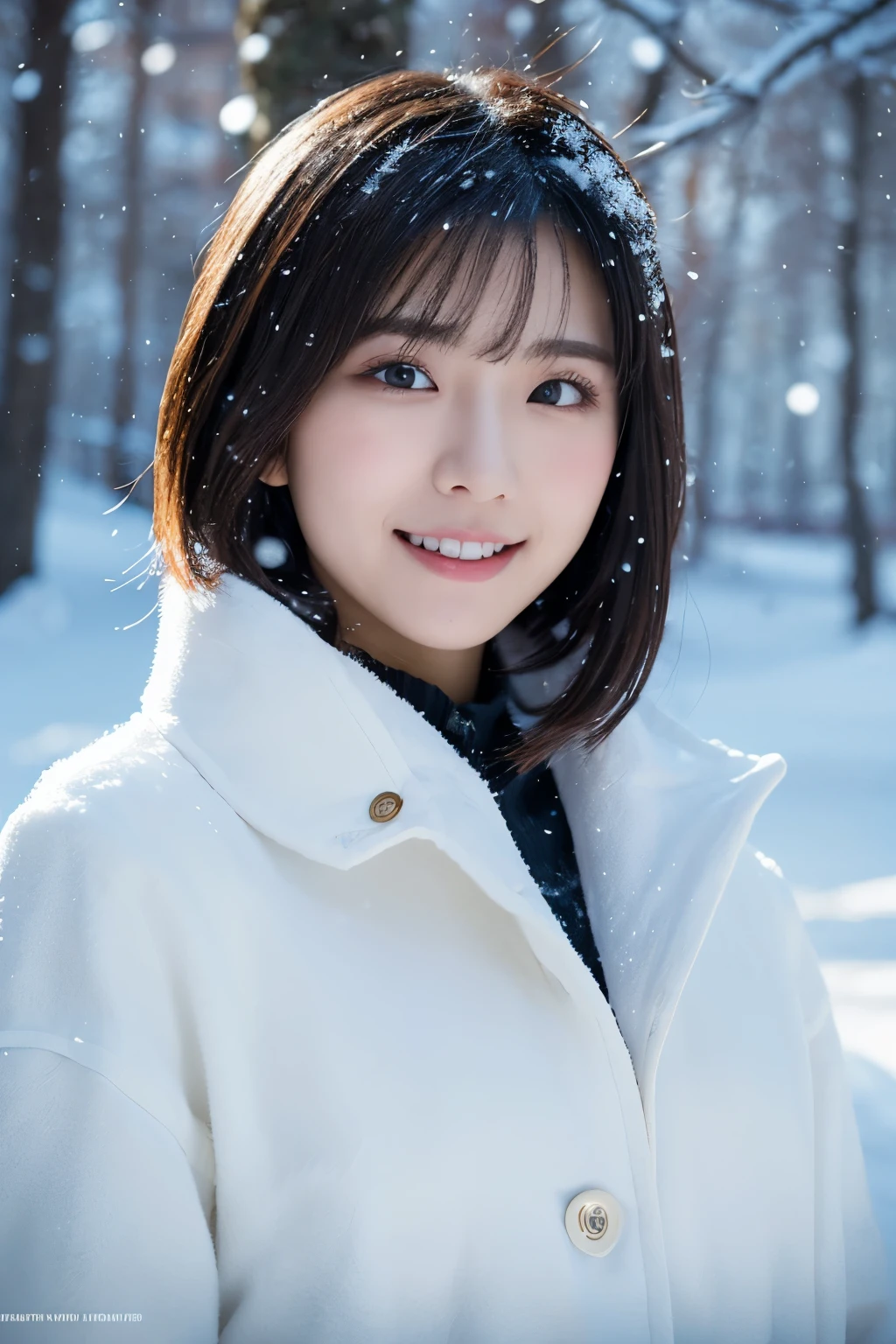 1girl in, (White winter clothes:1.2), Japanese beautiful actress,
(Raw photo, Best Quality), (Realistic, Photorealsitic:1.4), (masutepiece), 
Extremely delicate and beautiful, Extremely detailed, 2k wallpaper, amazing, finely detail, the Extremely Detailed CG Unity 8K Wallpapers, Ultra-detailed, hight resolution, 
Soft light, Beautiful detailed girl, extremely detailed eye and face, beautiful detailed nose, Beautiful detailed eyes, Cinematic lighting, 
winter forest snowfall landscape,  snow is falling rapidly, Frosty tree々, The background is hazy due to snowfall,
Perfect Anatomy, Slender body, Small, short-hair, Smiling