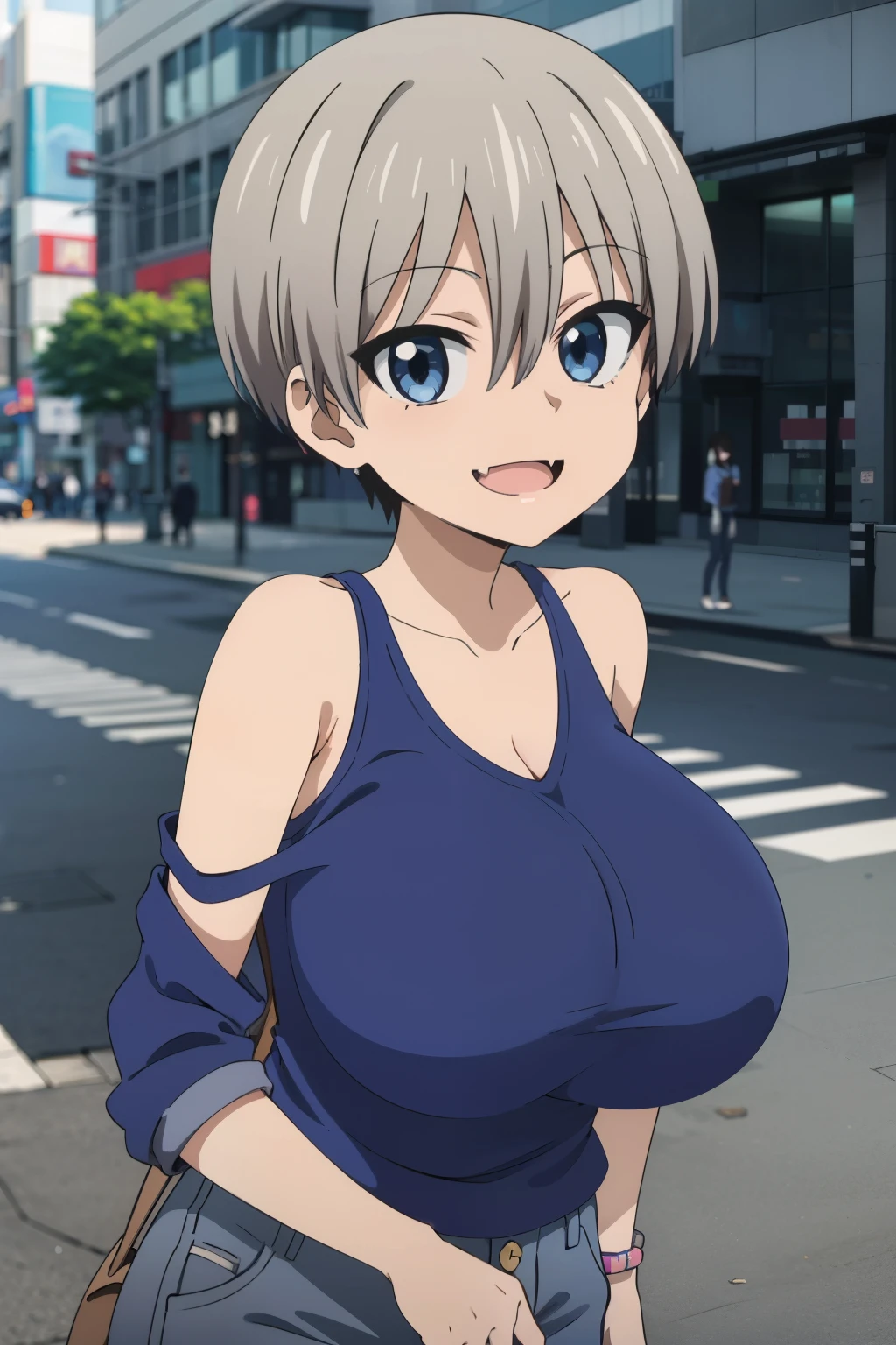 best quality, high resolution, city, tokyo,1girl, huge breasts, 1girl,short hair,blue eyes,bangs,skin fang,grey hair,fang,hair between eyes, smile, looking at viewer, cowboy shot, tanktop, denim shirts