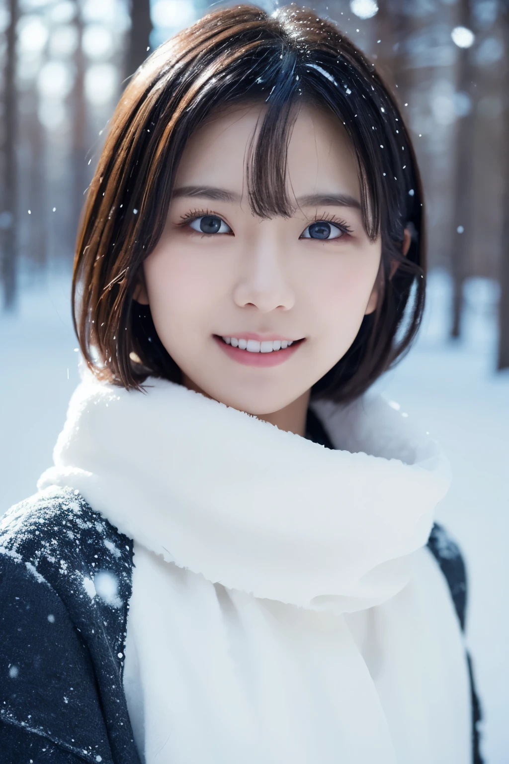 1 garota em, (Roupas brancas de inverno:1.2), Bela atriz japonesa,
(Foto CRU, melhor qualidade), (realista, Fotorrealístico:1.4), (mesa), 
extremamente delicado e lindo, extremamente detalhado, Papel de parede 2k, incrível, detalhes finos, os papéis de parede extremamente detalhados do CG Unity 8K, ultra-detalhado, alta resolução, 
Luz suave, linda garota detalhada, olhos e rosto extremamente detalhados, Lindo nariz detalhado, lindos olhos detalhados, iluminação cinematográfica, 
paisagem de queda de neve de floresta de inverno,  a neve está caindo rapidamente, Árvore gelada々, O fundo está nebuloso devido à queda de neve,
anatomia perfeita, corpo esguio, Pequeno, cabelo curto, sorridente