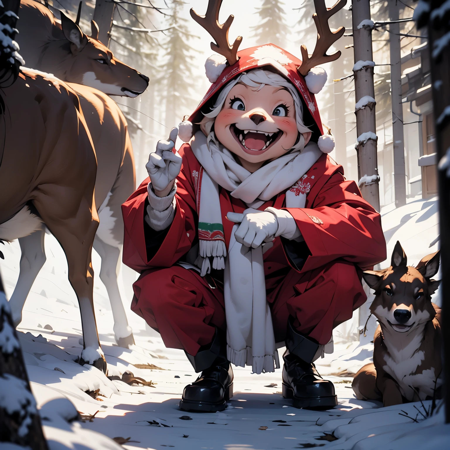 Merry Christmas, Snow Maiden in a sexy red suit feeds a deer with bread and smiles, forest with trees, garlands on branches