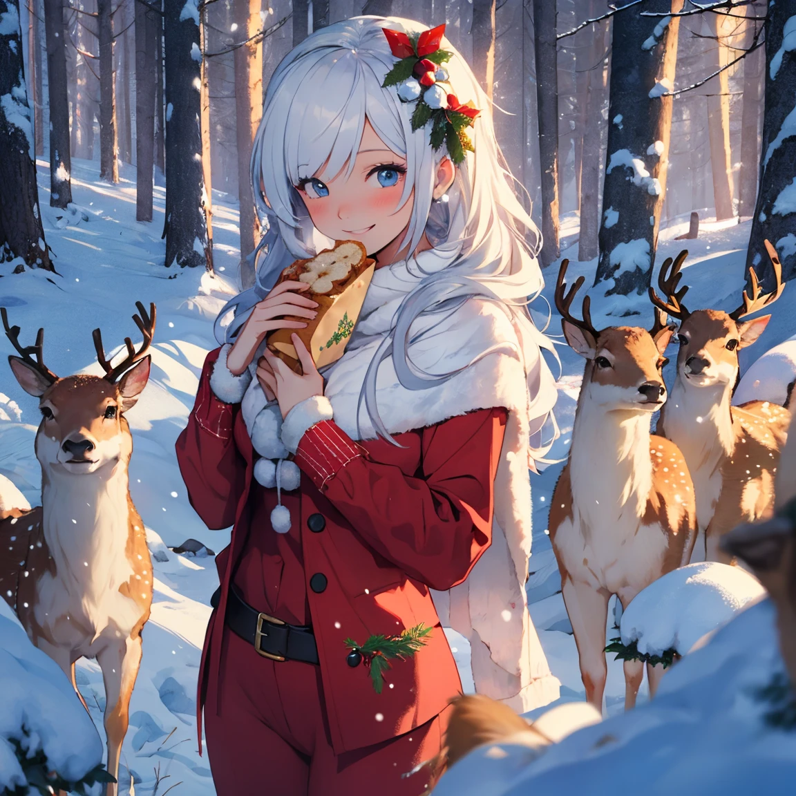 joyeux noël, Snow Maiden dans un costume rouge sexy, souriant, Cerf de forêt, Snow Maiden nourrit du pain de cerf, forêt avec des arbres, guirlandes sur branches