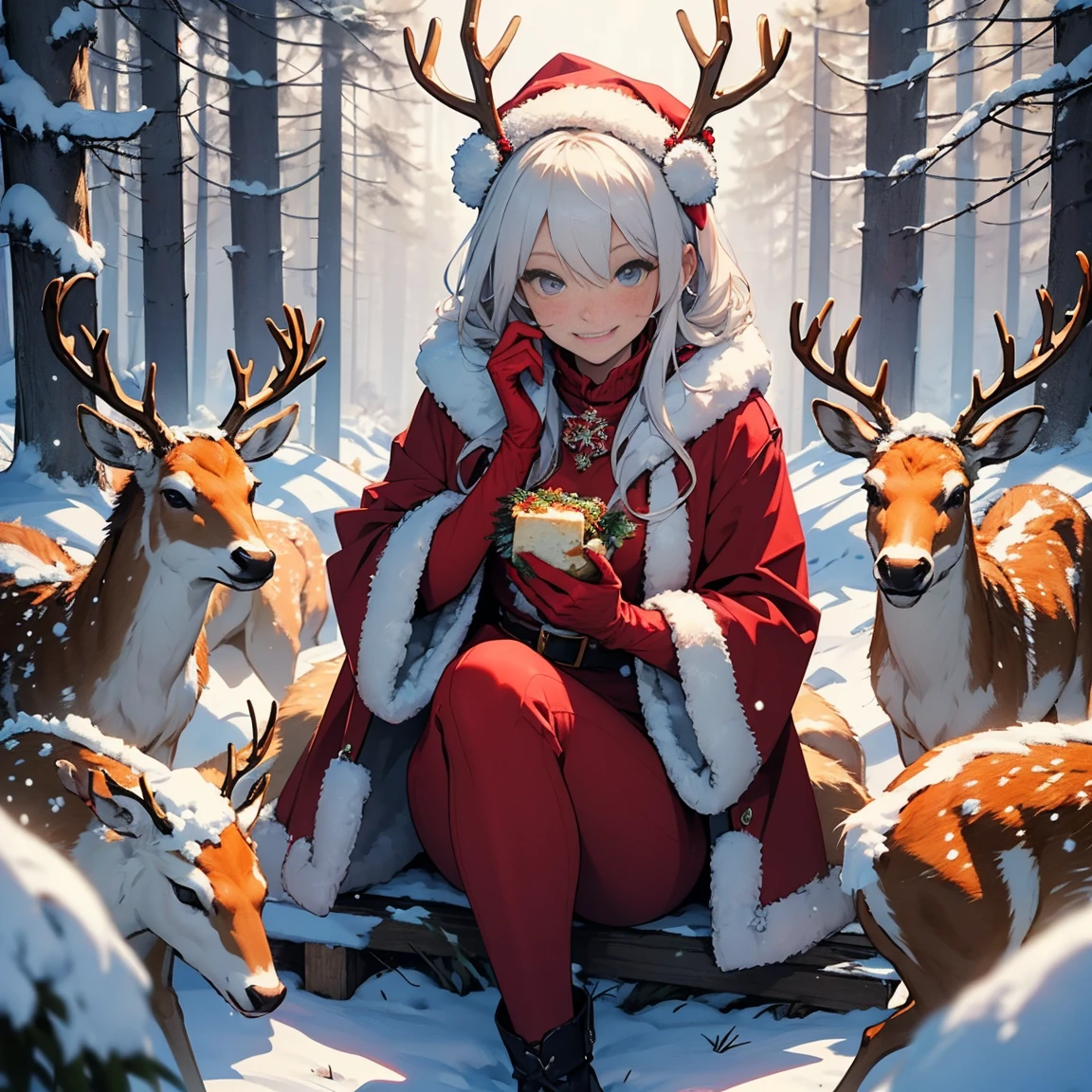 Merry Christmas, Snow Maiden in a sexy red suit, Smiling, Forest deer, Snow Maiden feeds deer bread, forest with trees, garlands on branches