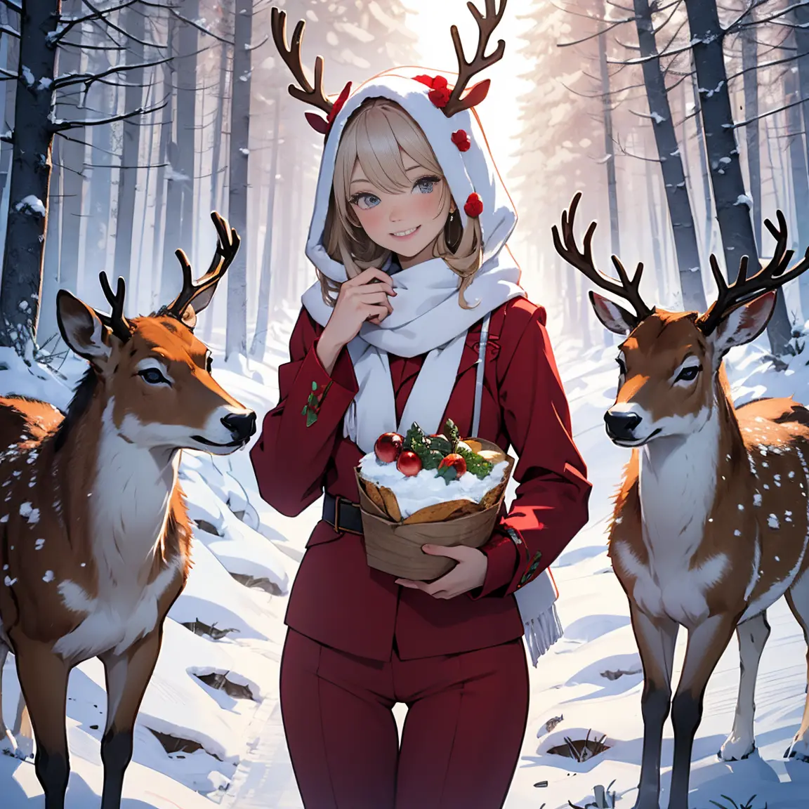 Merry Christmas, Snow Maiden in a sexy red suit, Smiling, Forest deer, Snow Maiden feeds deer bread, forest with trees, garlands...