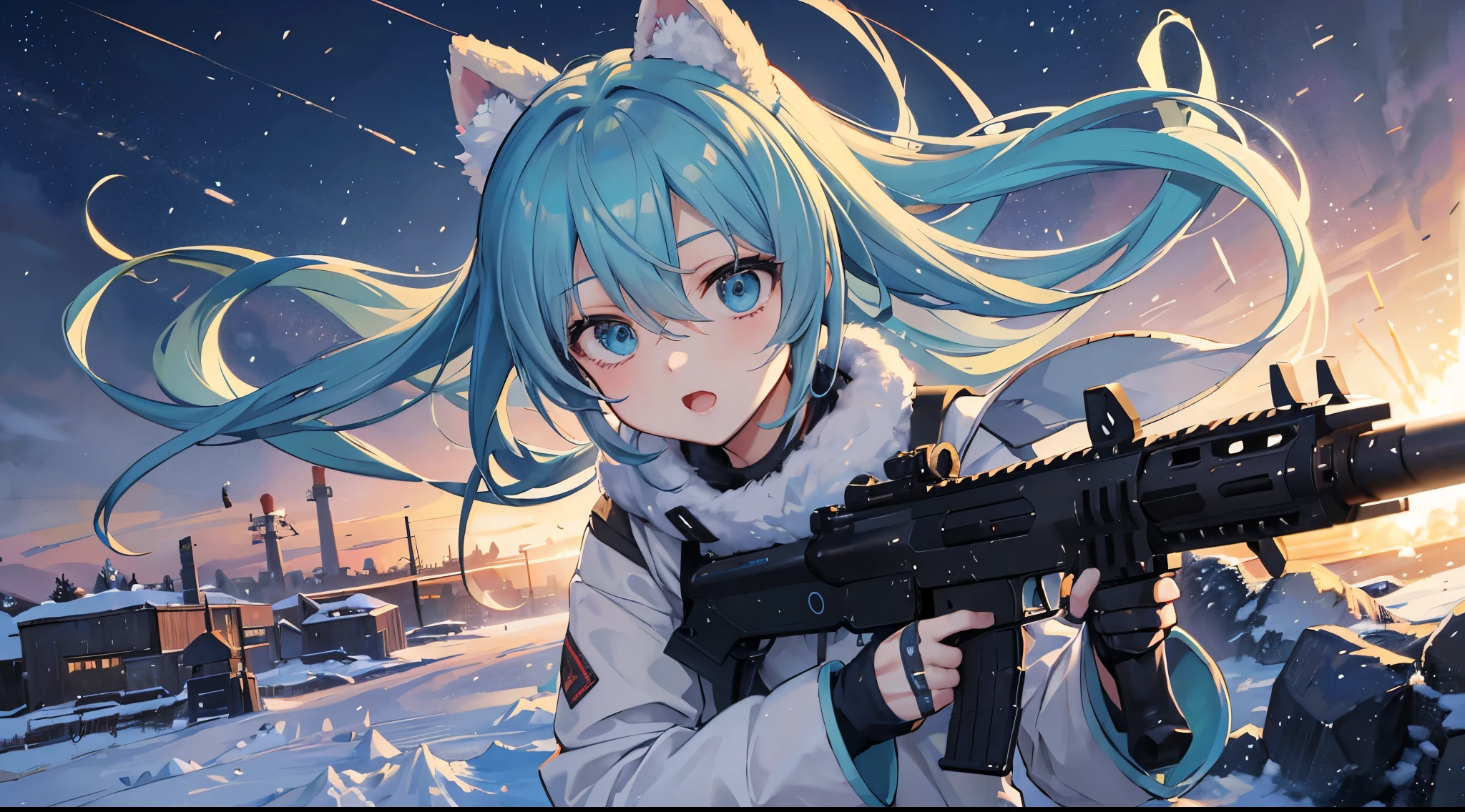 Hatsune Miku at war ,(winter), in military winter uniform ,fleeing from explosions and air raids ,((in detail)),((environment details)),((weapon quality)),((beatiful face))