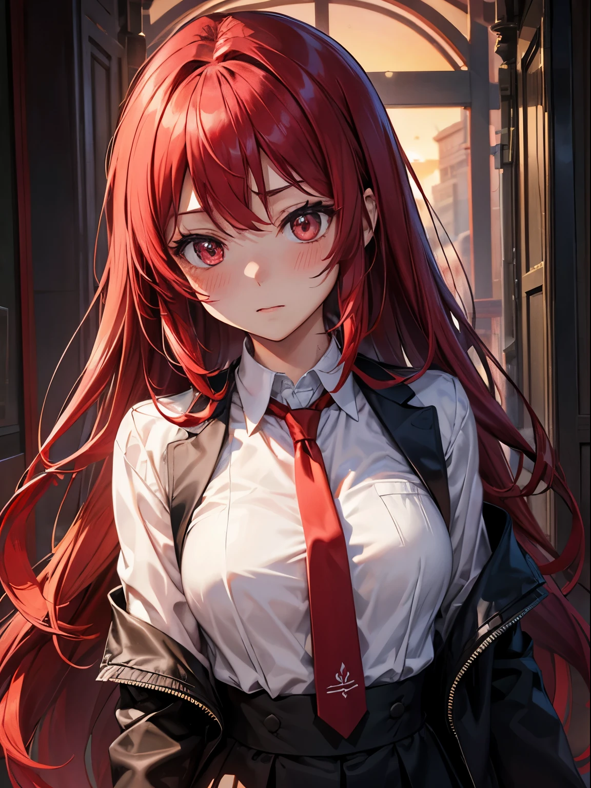 Woman in suit、red hairs、long hair、Black jacket、white  shirt、red necktie、early evening、the setting sun、red blush、Kamimei