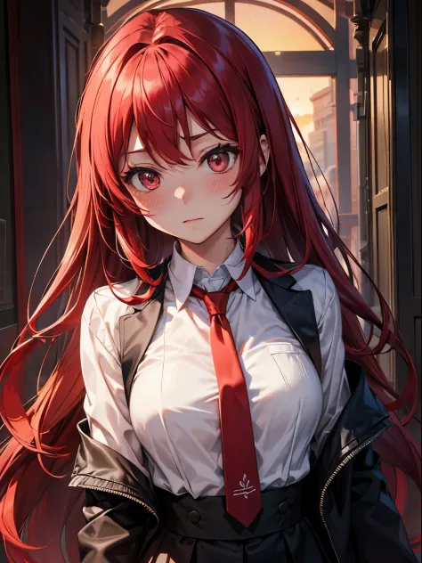 woman in suit、red hairs、long hair、black jacket、white  shirt、red necktie、early evening、the setting sun、red blush、kamimei