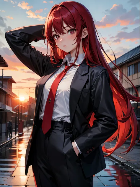 Woman in suit、red hairs、long hair、Black jacket、white  shirt、red necktie、early evening、the setting sun、red blush、Kamimei