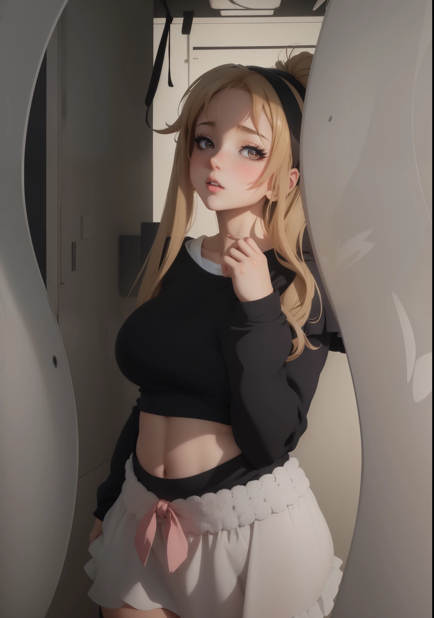 Anime girl in black top and white skirt posing for a picture - SeaArt AI