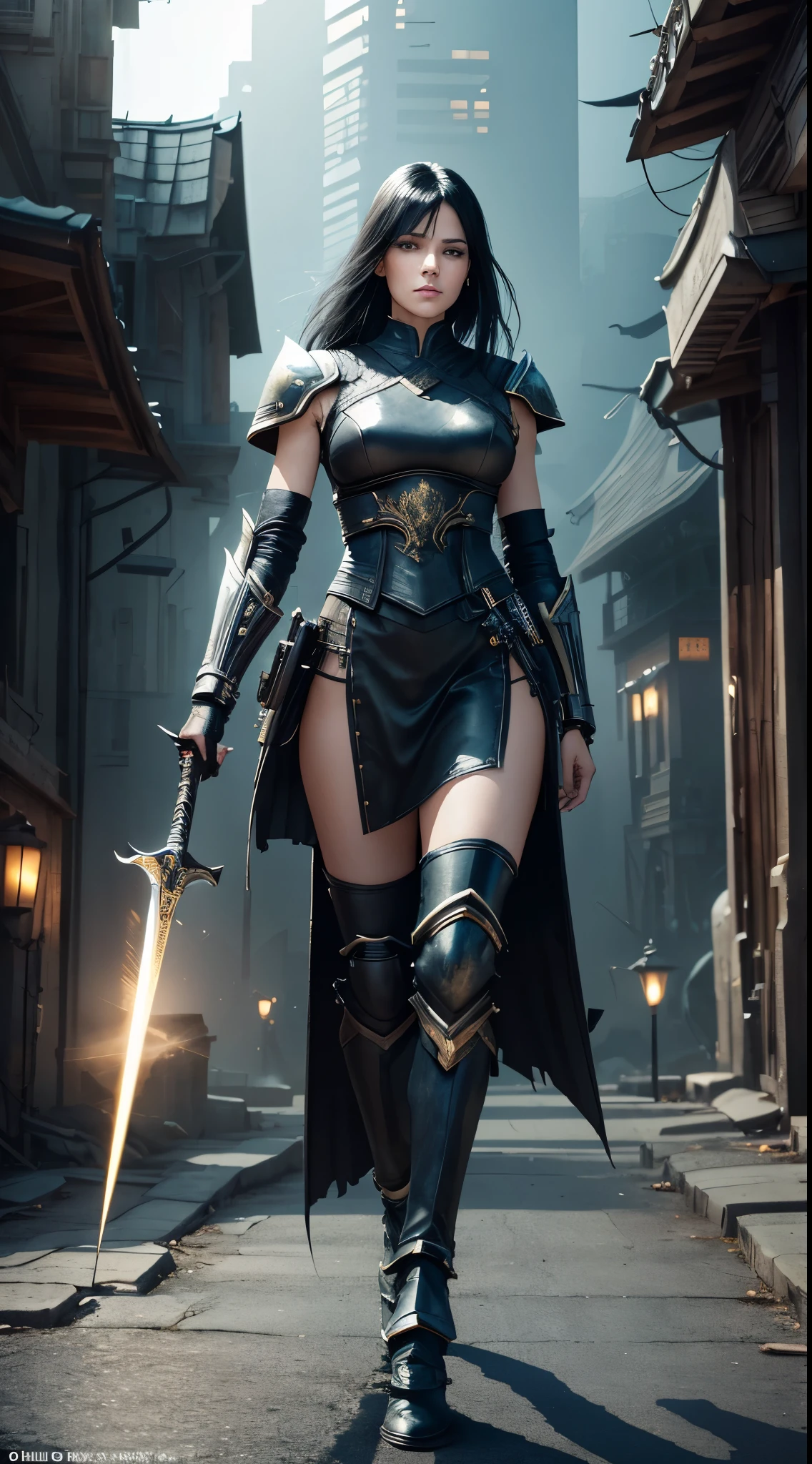 8K Ultra HD, high detail, highest quality, ((full-length)). Create a cinematic poster featuring a (white) female warrior ((full body)) in leather. The image is made in the style of fantasy and cyberpunk. a beautiful woman with black hair stands at full height, facing the viewer. In her hands she holds light steel swords. The atmosphere is a bit creepy and dramatic. Destroyed buildings are visible in the background.