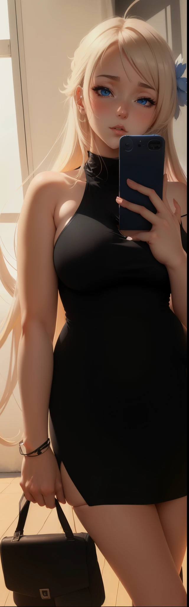 A close up of a woman in a black dress holding a cell phone - SeaArt AI