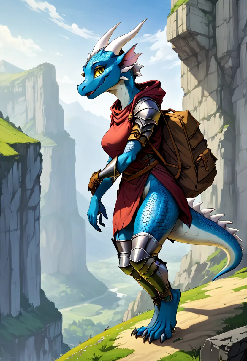 (best quality,highres,masterpiece:1.2),ultra-detailed,18-year-old female kobold with well-defined blue scales, wearing a medieva...
