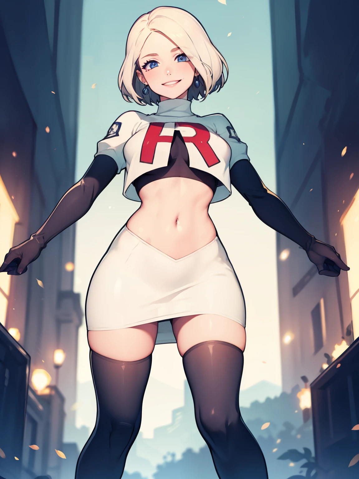 warMercedes, short hair ,glossy lips ,team rocket uniform, red letter R, white skirt,white crop top,black thigh-high boots, black elbow gloves, evil smile, looking at viewer, cowboy shot