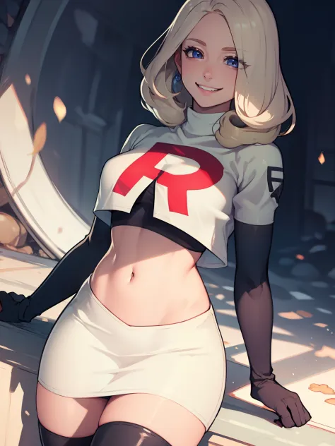 defMercedes ,glossy lips ,team rocket uniform, red letter R, white skirt,white crop top,black thigh-high boots, black elbow glov...