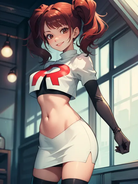 Rise Kujikawa (Persona) ,glossy lips ,team rocket uniform, red letter R, white skirt,white crop top,black thigh-high boots, black elbow gloves, evil smile, looking at viewer, cowboy shot