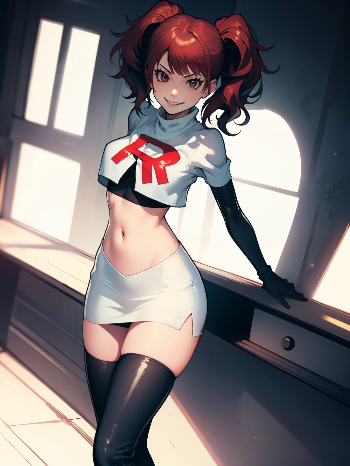 Rise Kujikawa (Persona) ,glossy lips ,team rocket uniform, red letter R, white skirt,white crop top,black thigh-high boots, black elbow gloves, evil smile, looking at viewer, cowboy shot