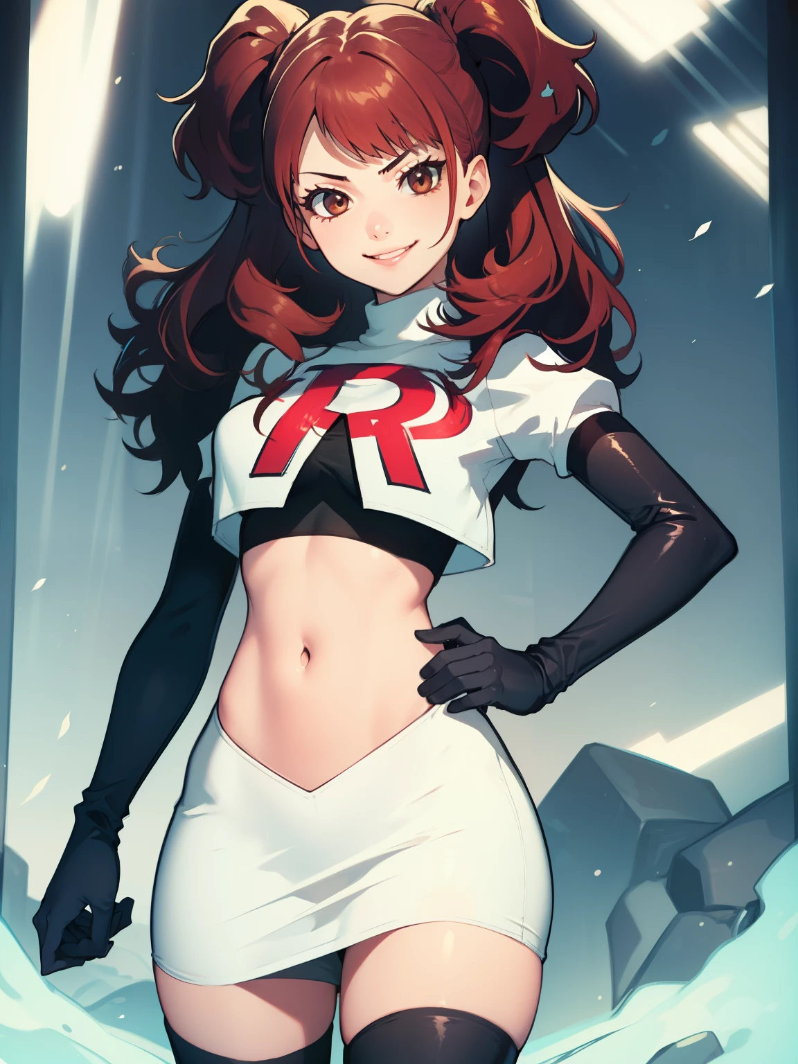 Rise Kujikawa (Persona) ,glossy lips ,team rocket uniform, red letter R, white skirt,white crop top,black thigh-high boots, black elbow gloves, evil smile, looking at viewer, cowboy shot