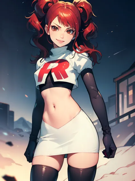 Rise Kujikawa (Persona) ,glossy lips ,team rocket uniform, red letter R, white skirt,white crop top,black thigh-high boots, black elbow gloves, evil smile, looking at viewer, cowboy shot