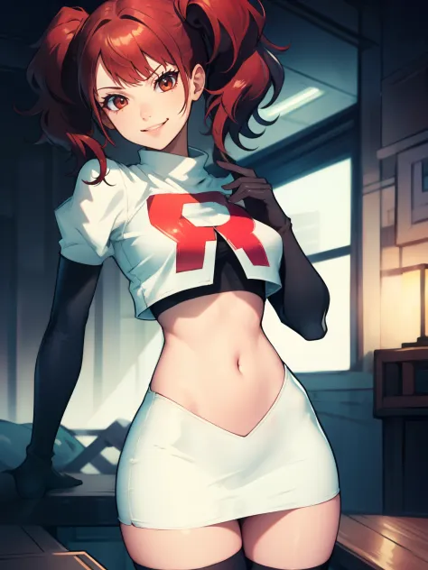 rise kujikawa (persona) ,glossy lips ,team rocket uniform, red letter r, white skirt,white crop top,black thigh-high boots, blac...