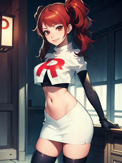 Rise Kujikawa (Persona) ,glossy lips ,team rocket uniform, red letter R, white skirt,white crop top,black thigh-high boots, black elbow gloves, evil smile, looking at viewer, cowboy shot