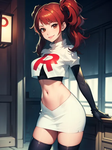 rise kujikawa (persona) ,glossy lips ,team rocket uniform, red letter r, white skirt,white crop top,black thigh-high boots, blac...