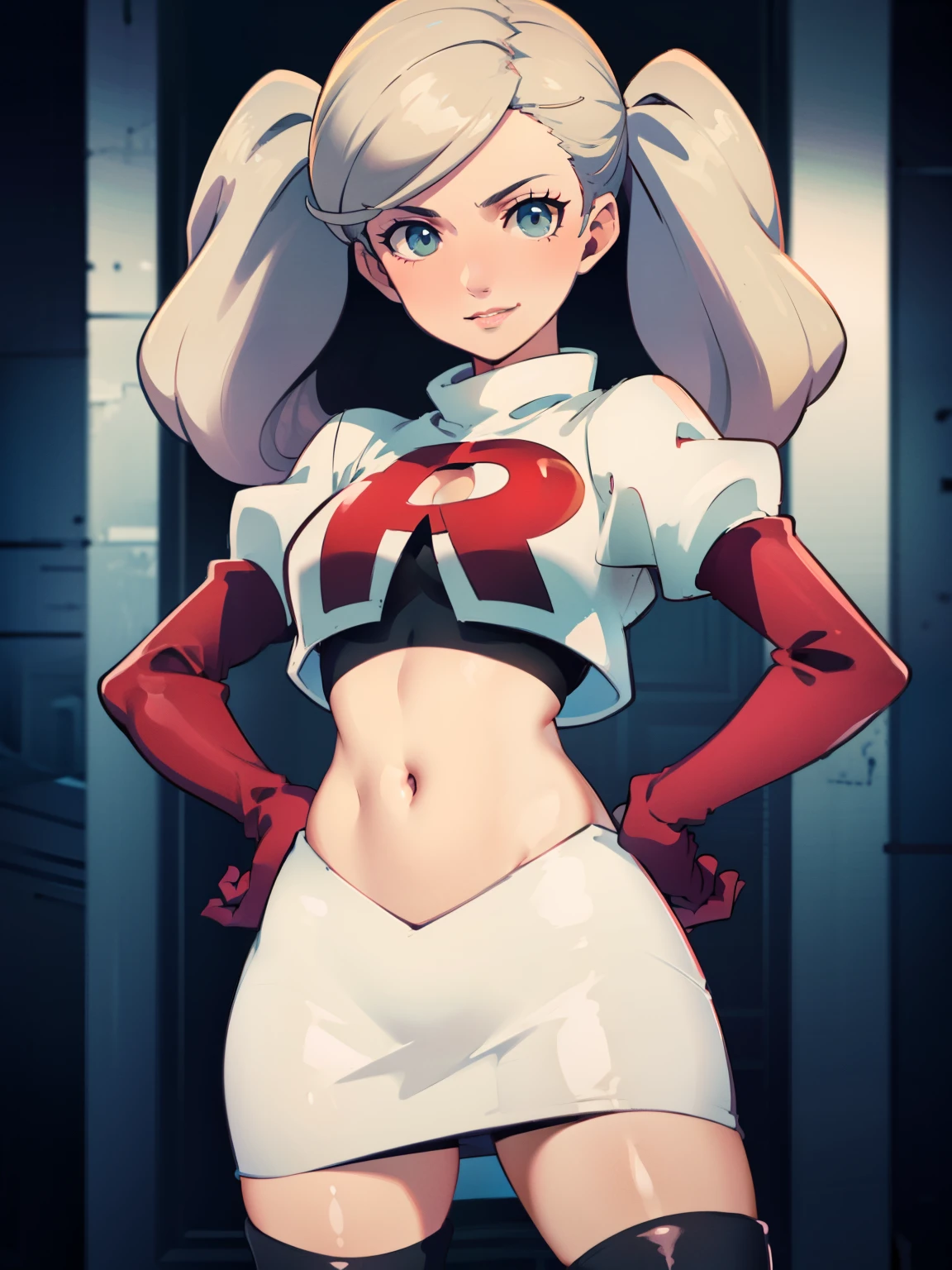 AnnTak, glossy lips ,team rocket uniform, red letter R, white skirt,white crop top,black thigh-high boots, black elbow gloves, evil smile, looking at viewer, cowboy shot, hands on hips