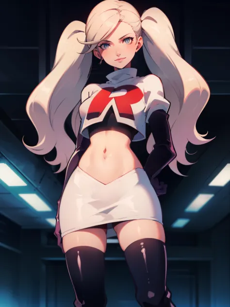 AnnTak, glossy lips ,team rocket uniform, red letter R, white skirt,white crop top,black thigh-high boots, black elbow gloves, evil smile, looking at viewer, cowboy shot, arms crossed