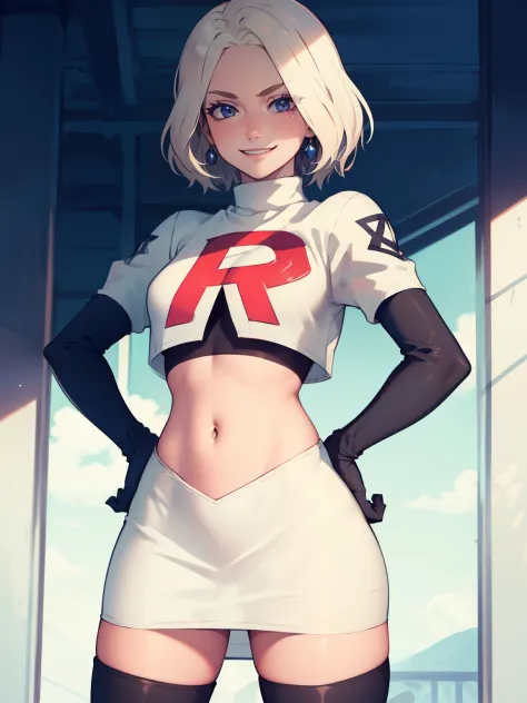 warMercedes, short hair ,glossy lips ,team rocket uniform, red letter R, white skirt,white crop top,black thigh-high boots, blac...