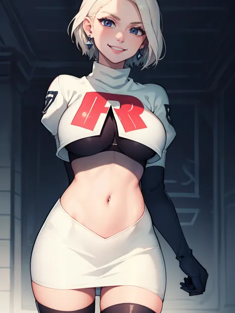 warMercedes, short hair, earings ,glossy lips ,team rocket uniform, red letter R, white skirt,white crop top,black thigh-high bo...