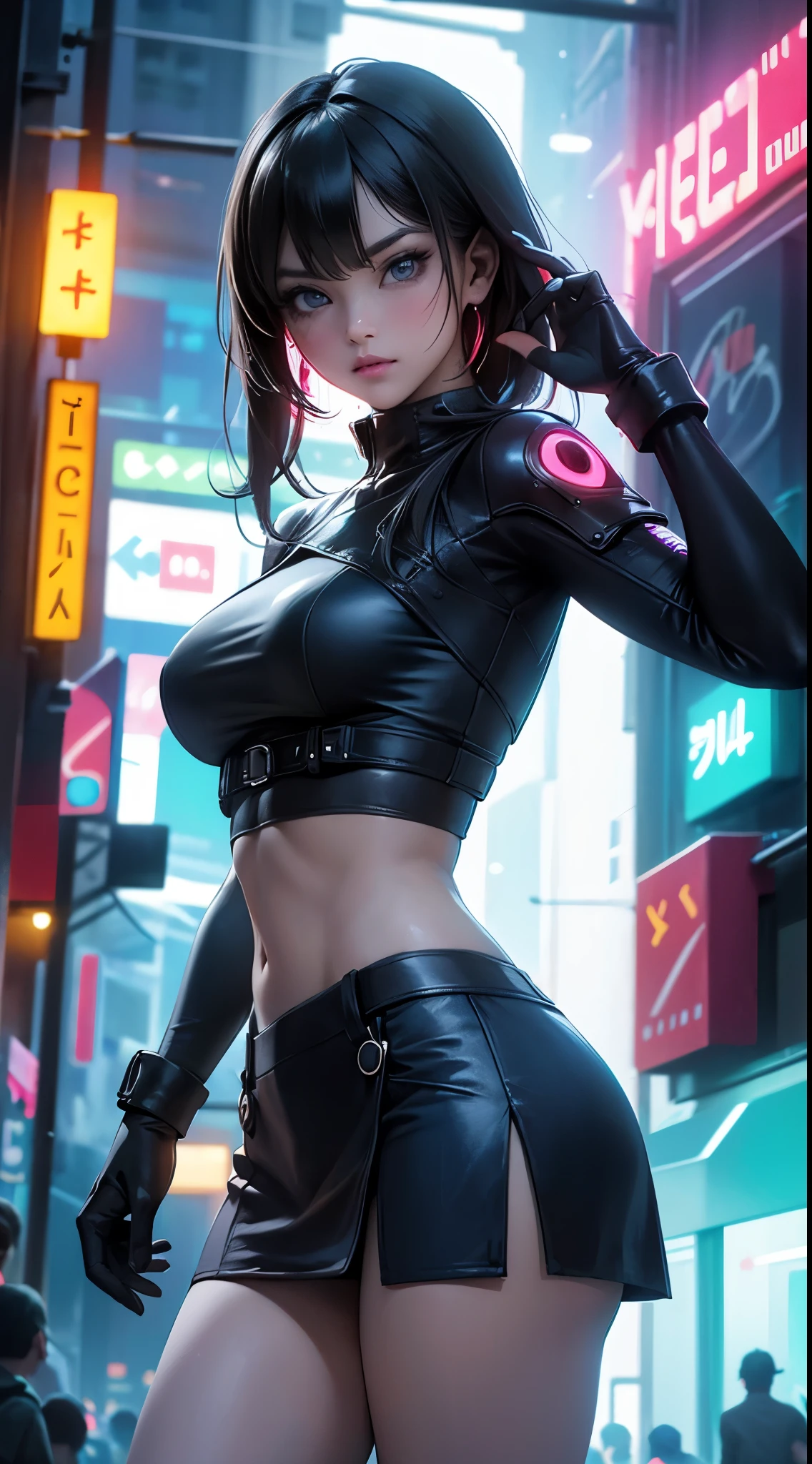 unreal engine:1.4,Ultra-realistic CG K, photorealistic:1.4, skin texture:1.4, Masterpiece:1.4,Beautiful woman with babydoll lingeries、Short yellow cyberpunk style clothing, pantimedias red , mini skirt blue, (Neon lights in the dark city at night), （Beautiful and detailed eye description:1.4）,(convex, detailed fingers ),