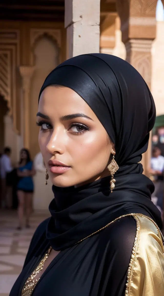 Moroccan girl, Brunnete, (Traditional respectful covered dress), (very loose head scarf showing curly hair), (Morrocan souk envi...