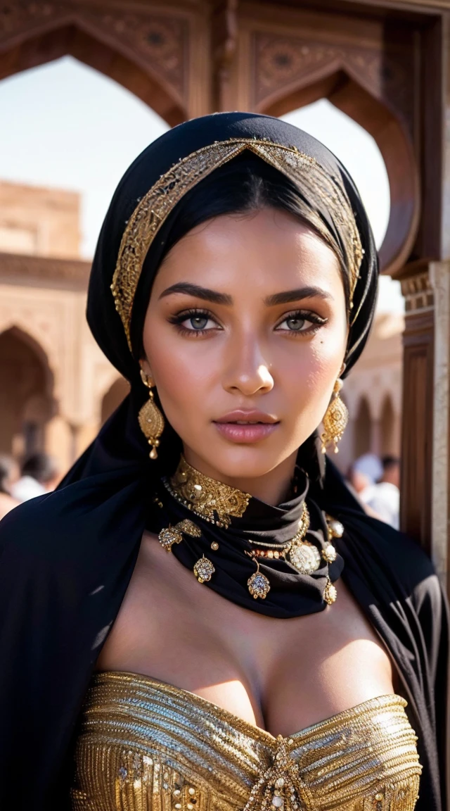 Moroccan Instagram girl, Brunnete, (Traditional respectful covered dress), (very loose head scarf showing curly hair), (Morrocan souk environment), masterpiece, best quality, highly detailed, (Beautiful and detailed eyes beautiful and detailed face), (Best Quality), (ultra-detailed), (masterpiece), (high resolution), (Original), ultra-realistic, epic realism.