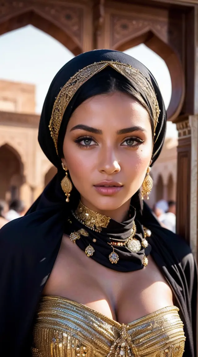 Moroccan Instagram girl, Brunnete, (Traditional respectful covered dress), (very loose head scarf showing curly hair), (Morrocan...