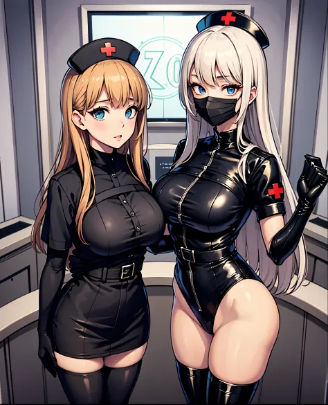 Black Nurse, 1Woman, 独奏, Black Nurse cap, black clothing,extremely large breasts, ((Black trouser hats, zettai ryouiki)), black ...