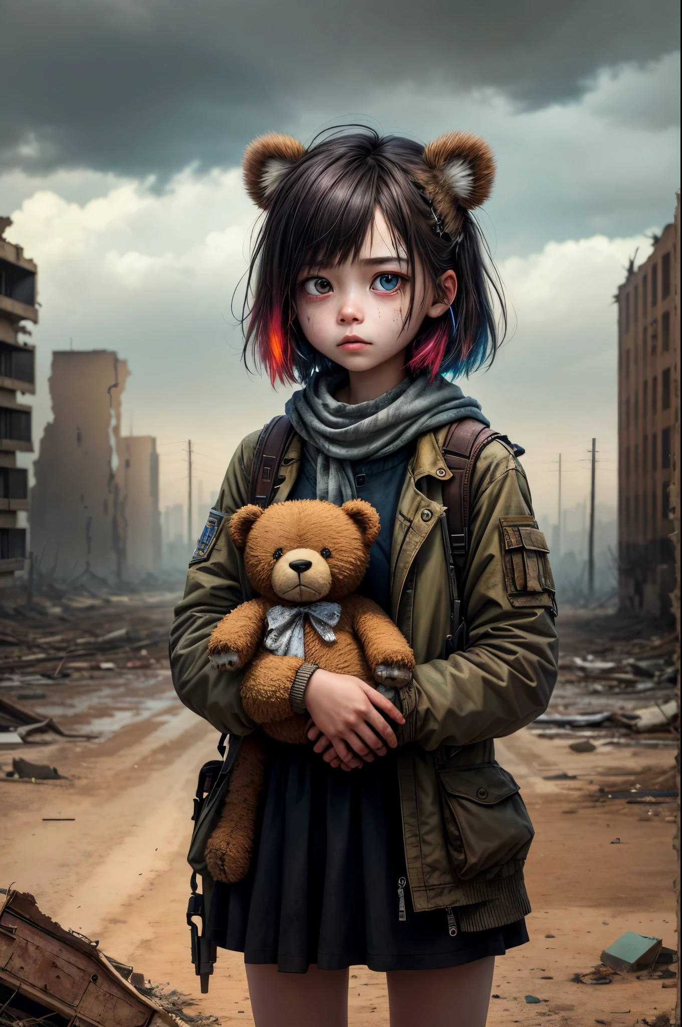 A  girl, holding a teddy bear, stands in the middle of a nuclear wasteland. The once vibrant civilization has crumbled, and nature has started to regain its territory. The desolation is evident as the landscape is filled with ruins and abandoned buildings. An eerie atmosphere permeates the air, adding to the sense of loneliness and melancholy. The scene is depicted in a dark and moody style, with the colors reflecting the post-apocalyptic setting. The girl's detailed facial features, including her expressive eyes, delicate nose, and lips, bring depth and emotion to her character. The teddy bear she holds symbolizes her only source of comfort in this desolate world. The artwork aims to capture the juxtaposition of innocence and despair,  viewers reflect on the fragility of existence in a post-apocalyptic world.