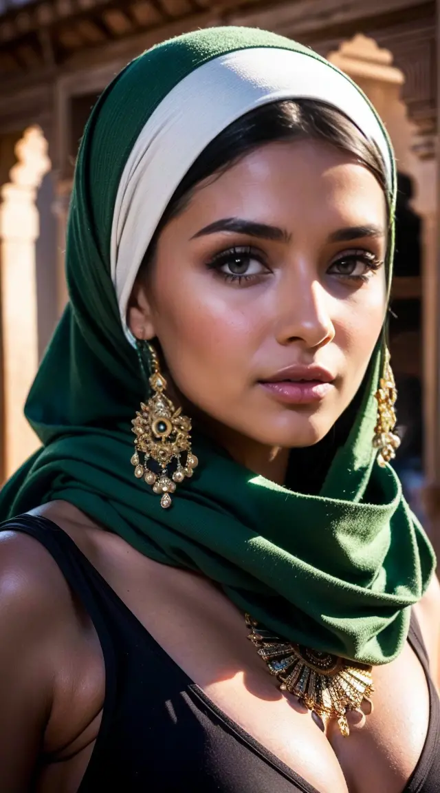 Moroccan Instagram girl, Brunnete, (Traditional RESPECTFUL COVERED dress), (very loose head scarf showing curly hair), (Morrocan...