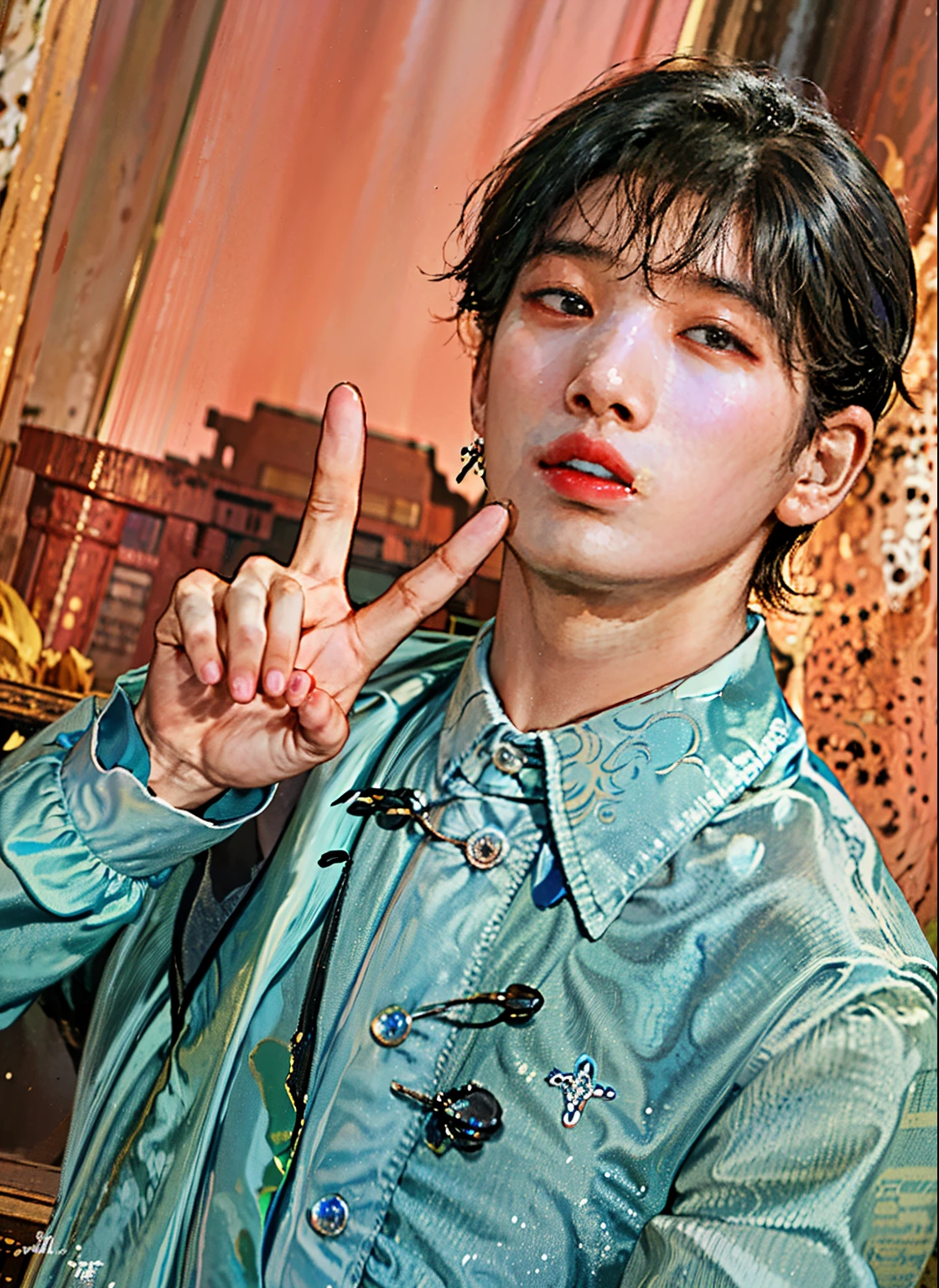 arafed man in a blue shirt  a peace sign with his hand, jungkook, cai xukun, jinyoung shin, hyung tae, kim doyoung, inspired by Kun Can, ten lee, wan adorable korean face, male ulzzang, taejune kim, inspired by Bian Shoumin, jinyoung shin aesthetic, shin jeongho, hong june hyung