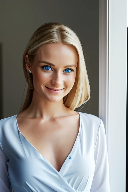 The image features a beautiful blonde woman with blue eyes, wearing a white shirt and a blue dress. She is posing for the camera, looking at the viewer with a smile. The woman's hair is styled in a long, flowing manner, adding to her elegant appearance. The scene appears to be set in a room with a door visible in the background.