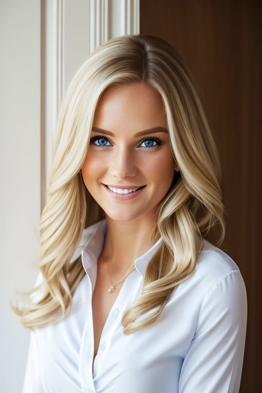 The image features a beautiful blonde woman with blue eyes, wearing a white shirt and a blue dress. She is posing for the camera, looking at the viewer with a smile. The woman's hair is styled in a long, flowing manner, adding to her elegant appearance. The scene appears to be set in a room with a door visible in the background.