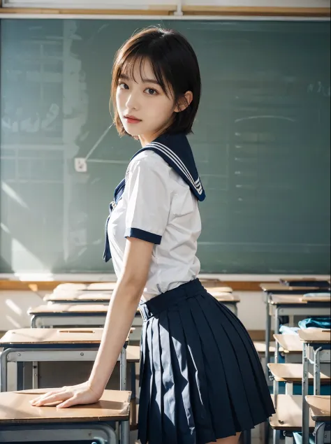 Silver Shortbob Hair：1.8, Beautiful women, Sideface、(Short Sleeve White Sailor School Uniform、Navy blue pleated skirt：1.5), Lift your butt：1.5，bare hands：1.5， extremely sexy, ultimate picture quality, (school classroom:1.5), bright light、cute face beautifu...